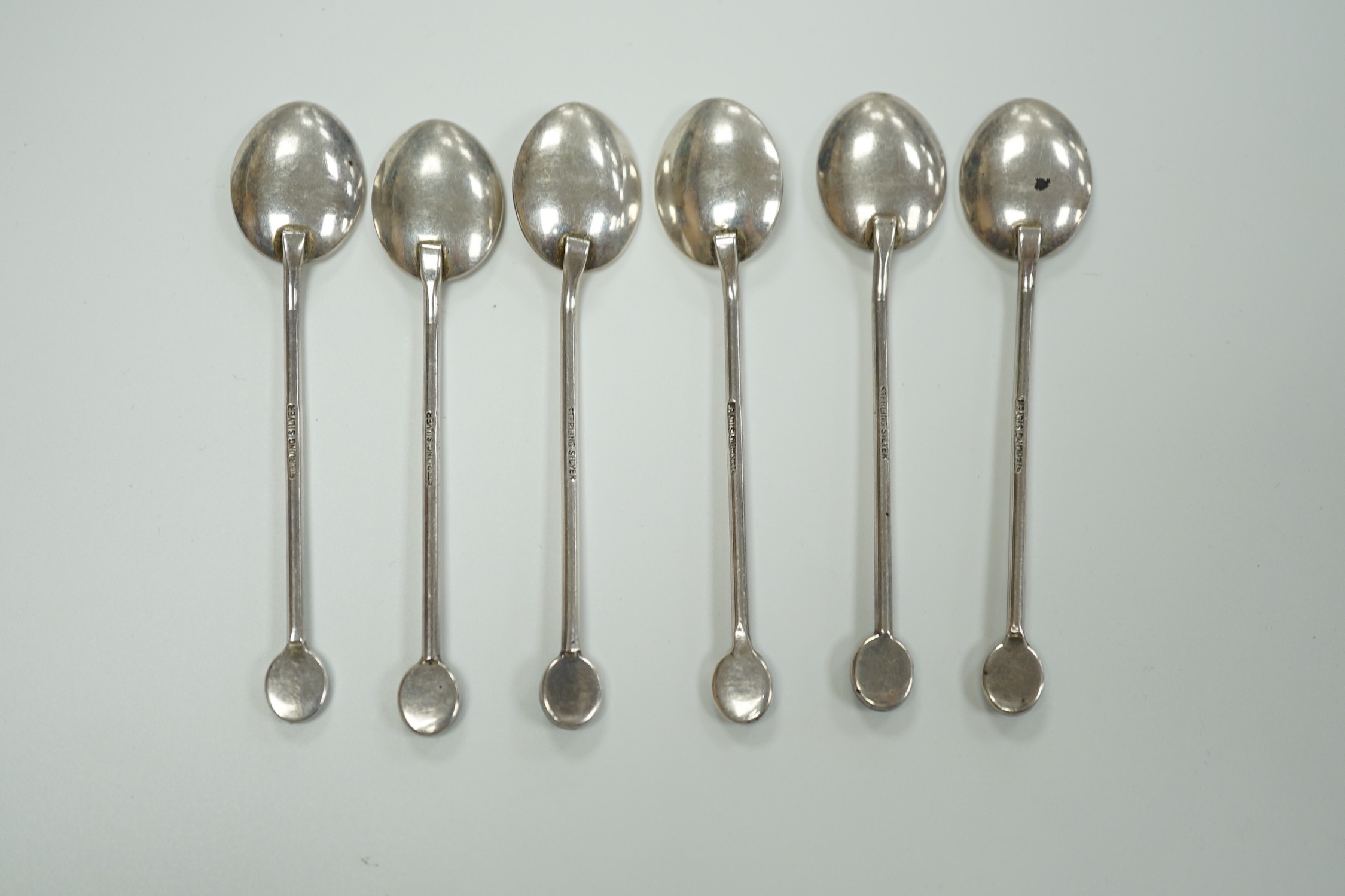 A set of six Australian sterling coffee spoons, with oval black opal doublet set terminals, 92mm.